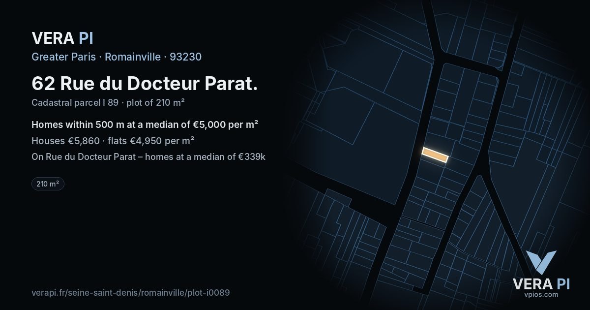 62 Rue du Docteur Parat, Romainville at night – the plot lit, the parcels around coloured by the prices near them