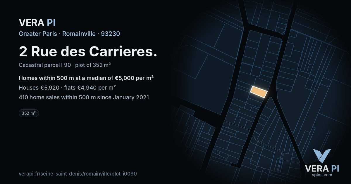 2 Rue des Carrieres, Romainville at night – the plot lit, the parcels around coloured by the prices near them