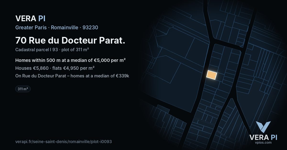 70 Rue du Docteur Parat, Romainville at night – the plot lit, the parcels around coloured by the prices near them