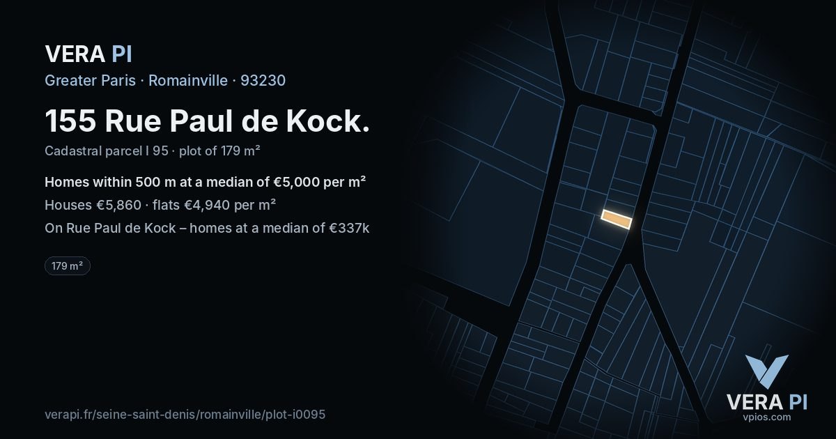155 Rue Paul de Kock, Romainville at night – the plot lit, the parcels around coloured by the prices near them