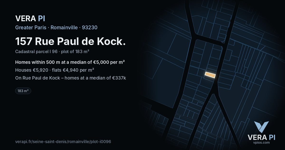 157 Rue Paul de Kock, Romainville at night – the plot lit, the parcels around coloured by the prices near them