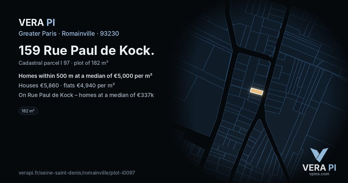 159 Rue Paul de Kock, Romainville at night – the plot lit, the parcels around coloured by the prices near them