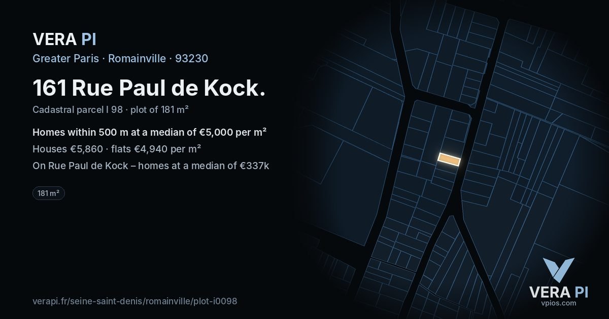 161 Rue Paul de Kock, Romainville at night – the plot lit, the parcels around coloured by the prices near them