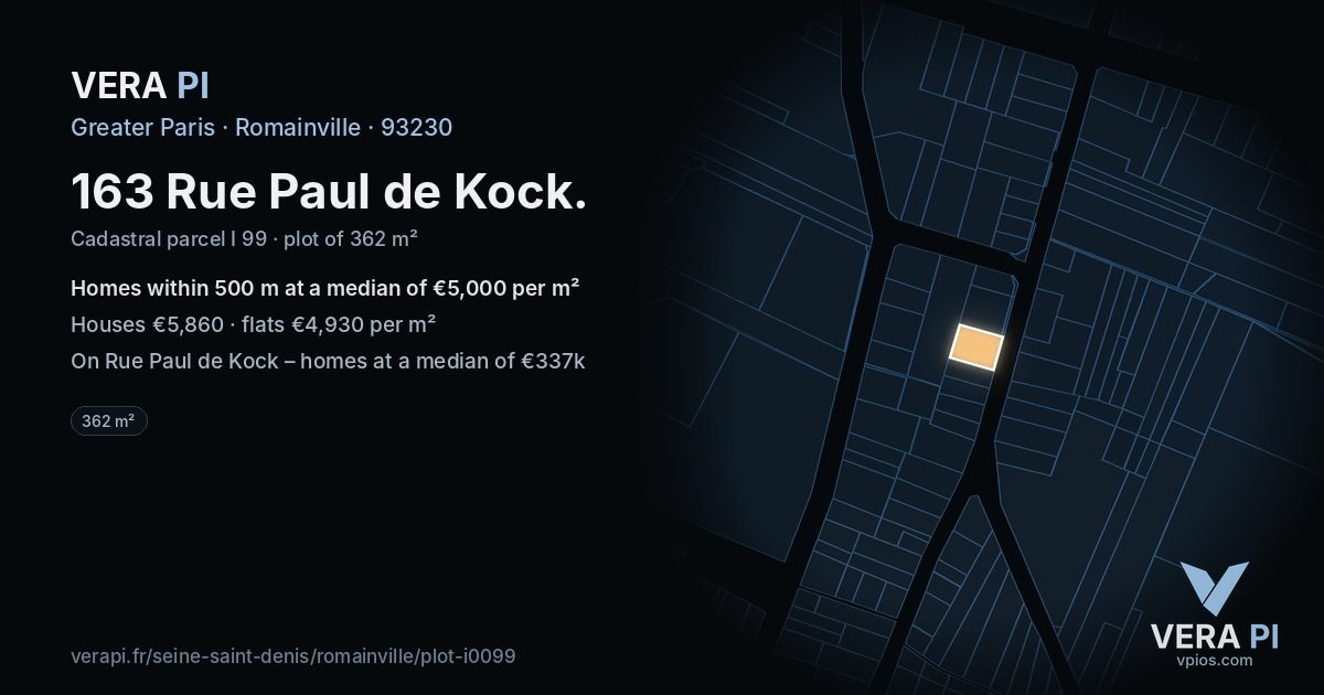 163 Rue Paul de Kock, Romainville at night – the plot lit, the parcels around coloured by the prices near them