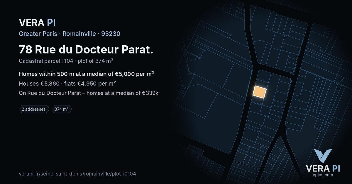 78 Rue du Docteur Parat, Romainville at night – the plot lit, the parcels around coloured by the prices near them