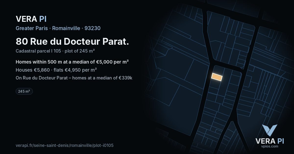 80 Rue du Docteur Parat, Romainville at night – the plot lit, the parcels around coloured by the prices near them