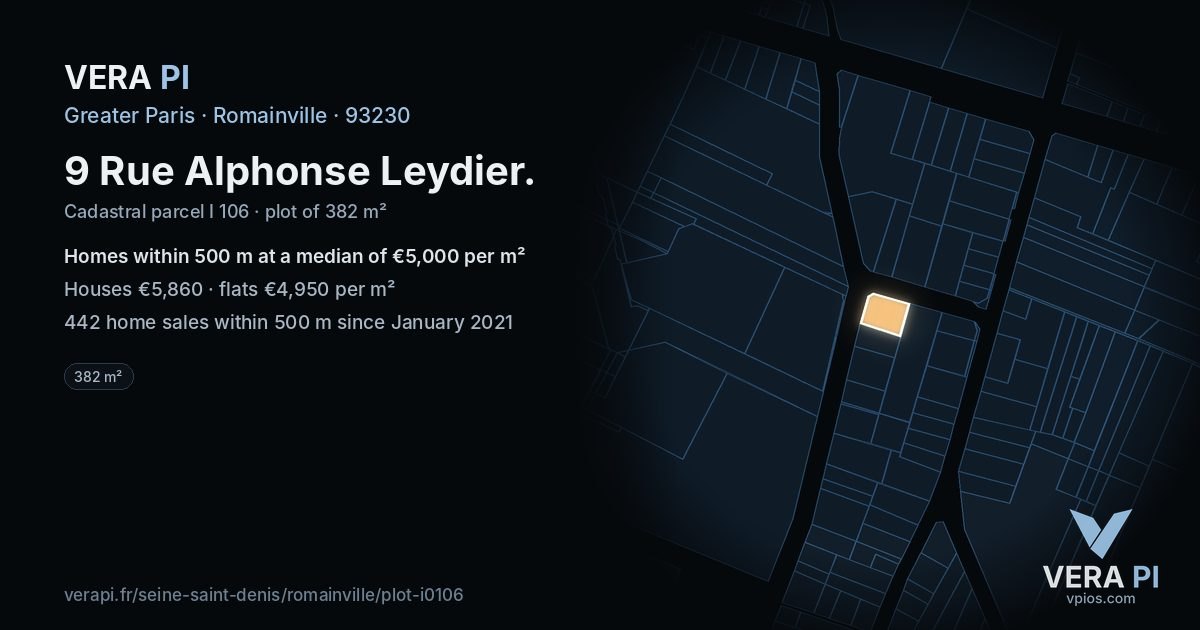 9 Rue Alphonse Leydier, Romainville at night – the plot lit, the parcels around coloured by the prices near them