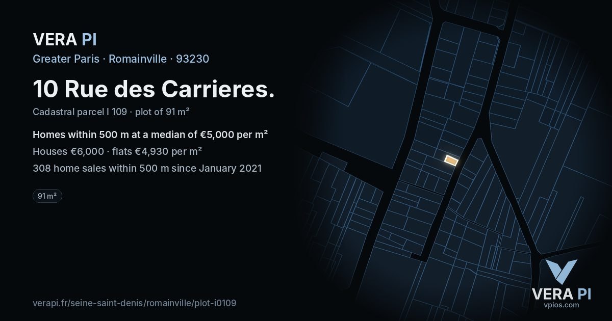 10 Rue des Carrieres, Romainville at night – the plot lit, the parcels around coloured by the prices near them