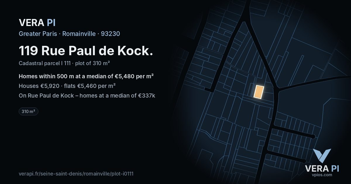 119 Rue Paul de Kock, Romainville at night – the plot lit, the parcels around coloured by the prices near them