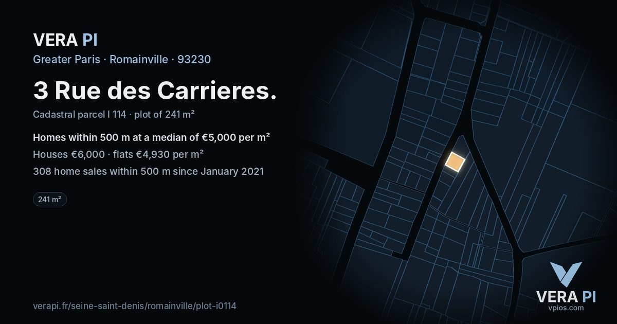 3 Rue des Carrieres, Romainville at night – the plot lit, the parcels around coloured by the prices near them