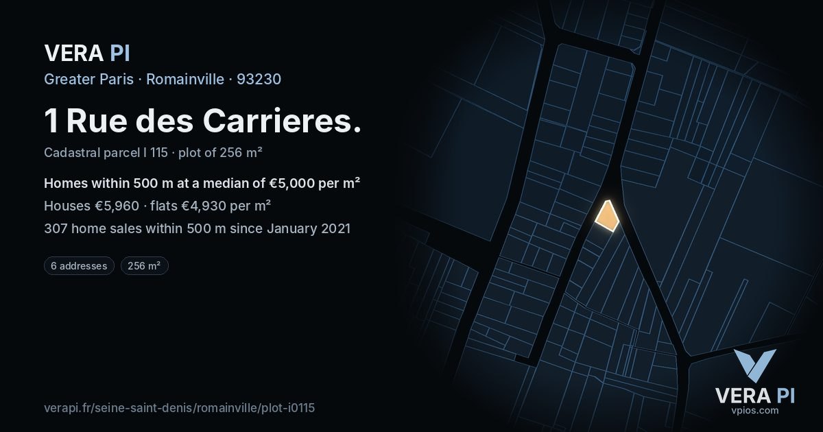 1 Rue des Carrieres, Romainville at night – the plot lit, the parcels around coloured by the prices near them