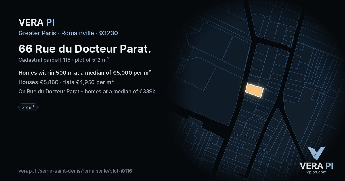 66 Rue du Docteur Parat, Romainville at night – the plot lit, the parcels around coloured by the prices near them