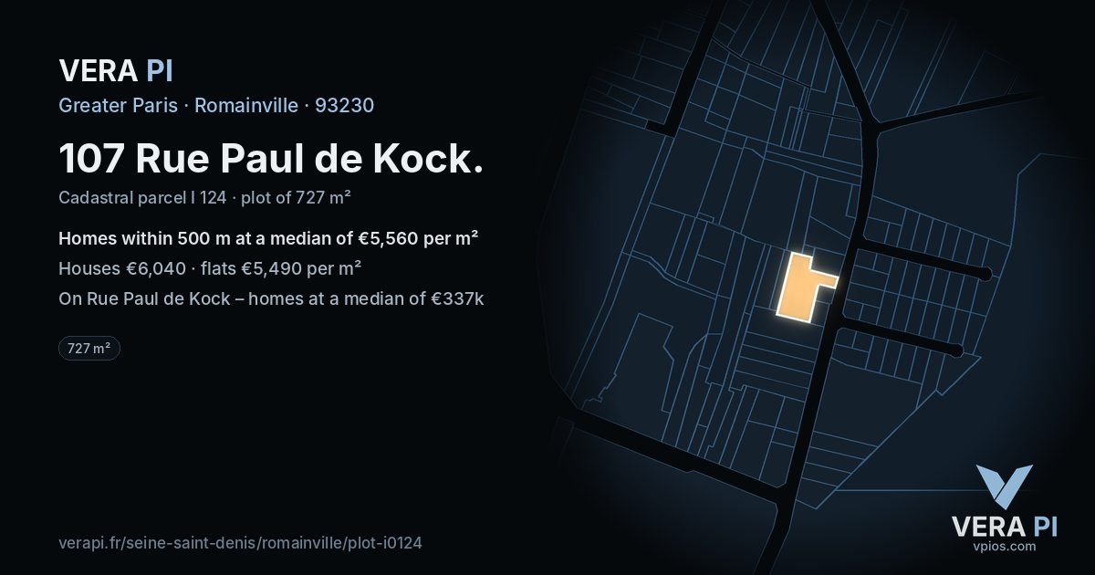 107 Rue Paul de Kock, Romainville at night – the plot lit, the parcels around coloured by the prices near them