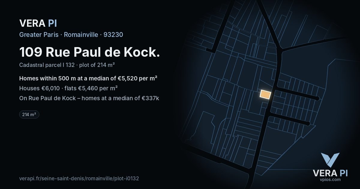 109 Rue Paul de Kock, Romainville at night – the plot lit, the parcels around coloured by the prices near them