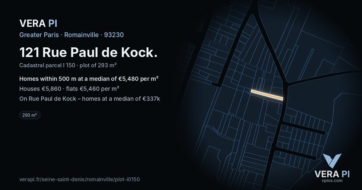 121 Rue Paul de Kock, Romainville at night – the plot lit, the parcels around coloured by the prices near them