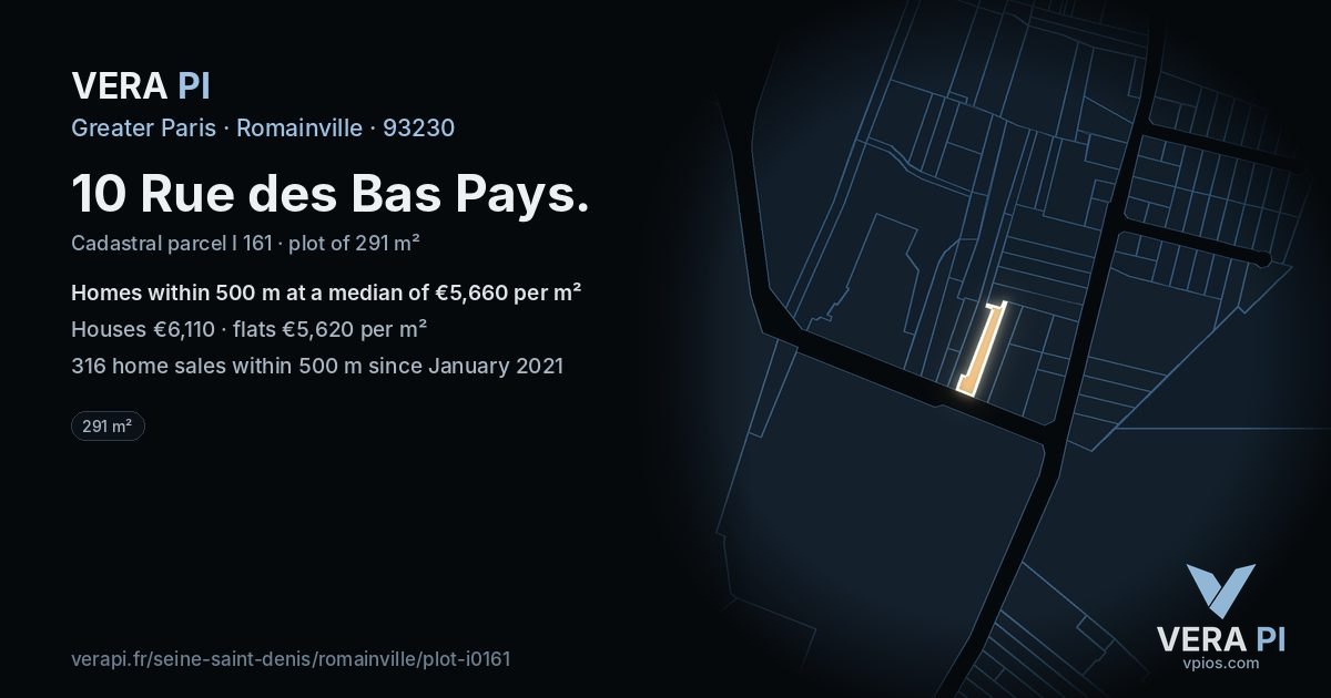 10 Rue des Bas Pays, Romainville at night – the plot lit, the parcels around coloured by the prices near them