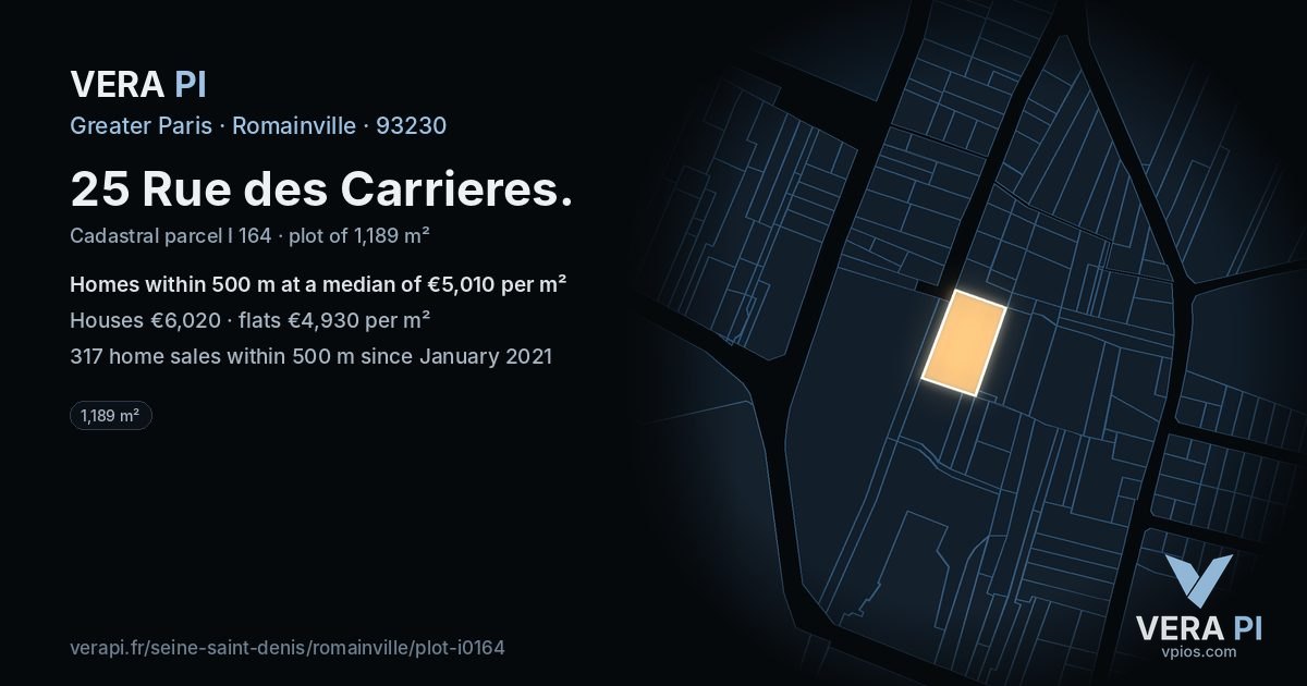 25 Rue des Carrieres, Romainville at night – the plot lit, the parcels around coloured by the prices near them