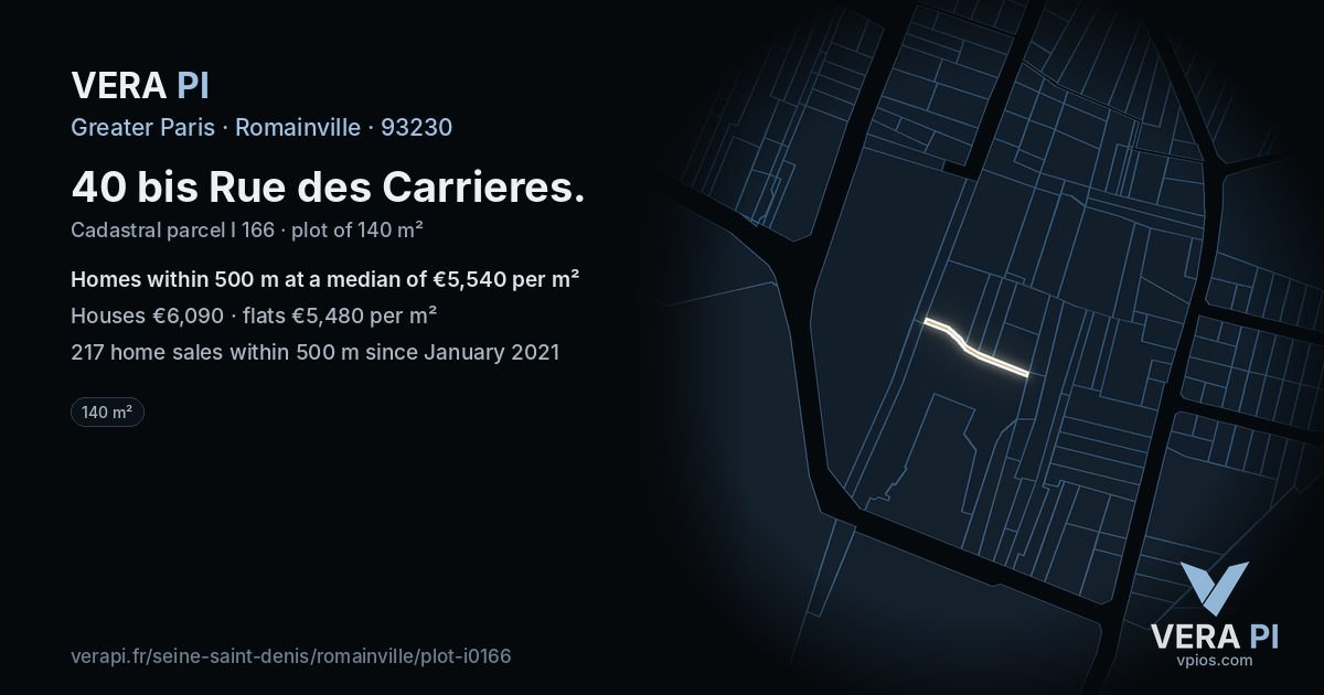 40 bis Rue des Carrieres, Romainville at night – the plot lit, the parcels around coloured by the prices near them