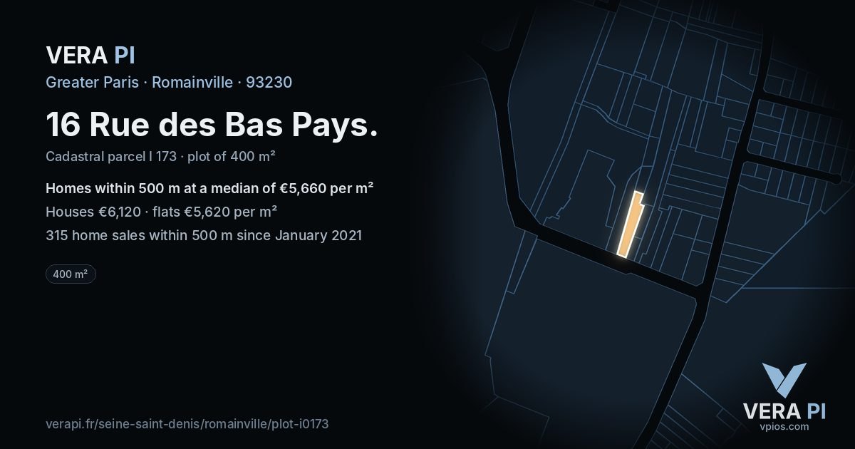 16 Rue des Bas Pays, Romainville at night – the plot lit, the parcels around coloured by the prices near them