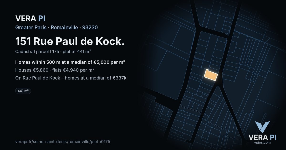 151 Rue Paul de Kock, Romainville at night – the plot lit, the parcels around coloured by the prices near them