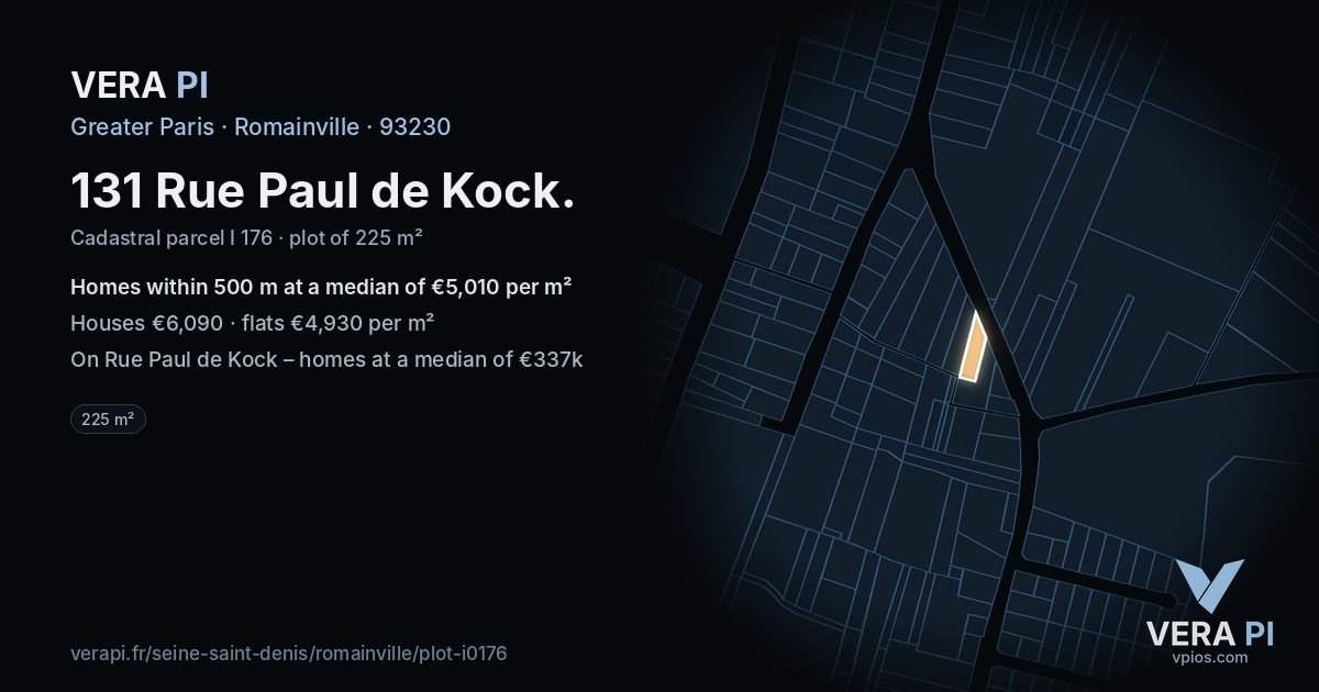 131 Rue Paul de Kock, Romainville at night – the plot lit, the parcels around coloured by the prices near them