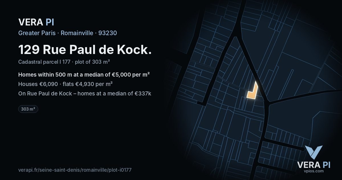 129 Rue Paul de Kock, Romainville at night – the plot lit, the parcels around coloured by the prices near them