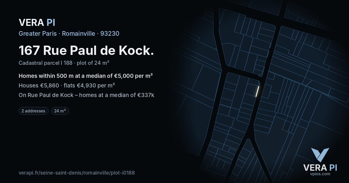 167 Rue Paul de Kock, Romainville at night – the plot lit, the parcels around coloured by the prices near them