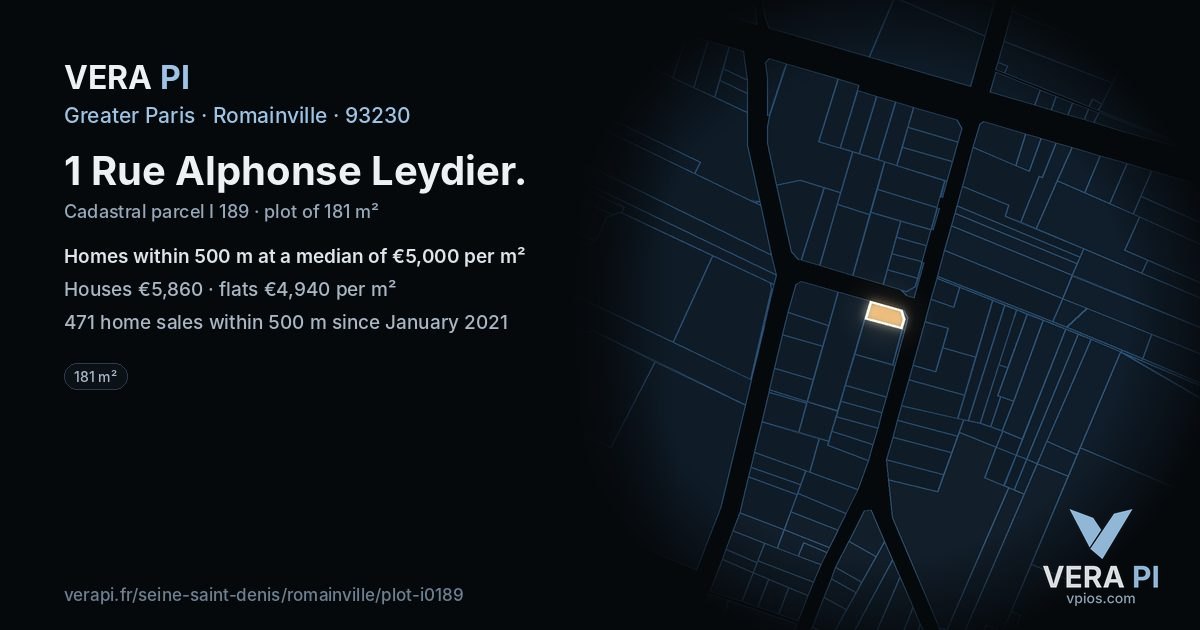 1 Rue Alphonse Leydier, Romainville at night – the plot lit, the parcels around coloured by the prices near them