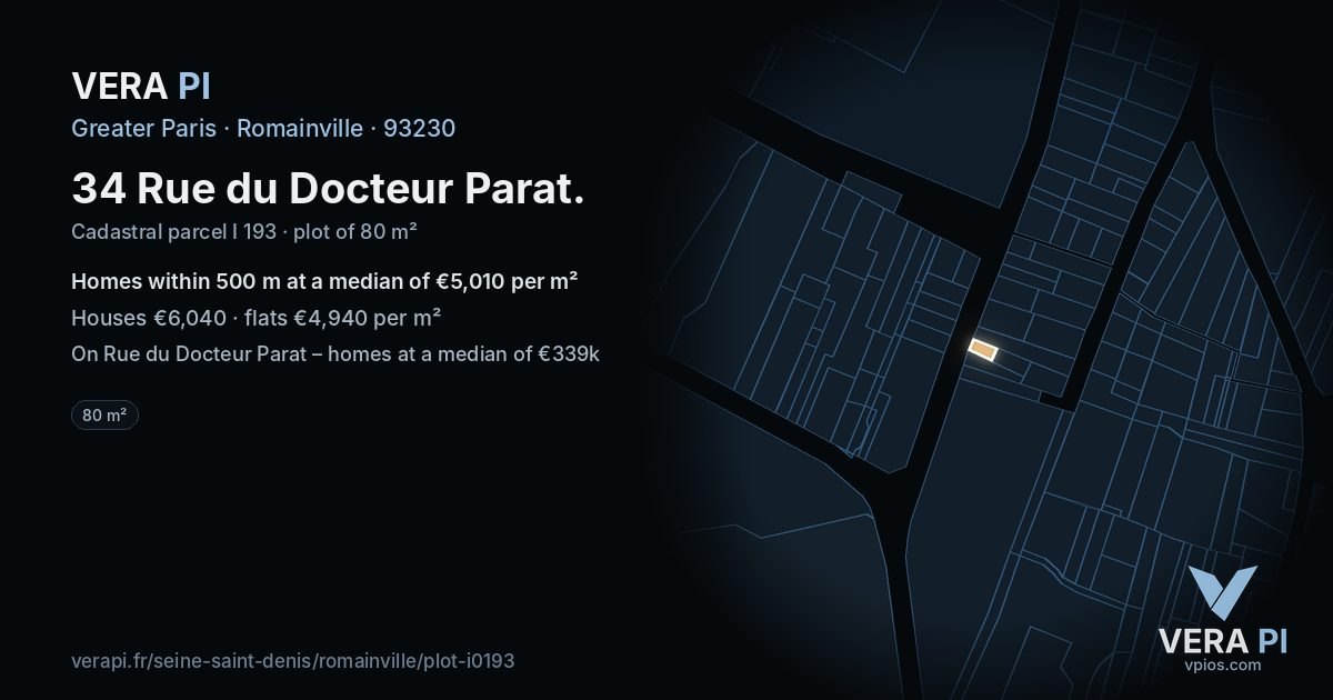 34 Rue du Docteur Parat, Romainville at night – the plot lit, the parcels around coloured by the prices near them