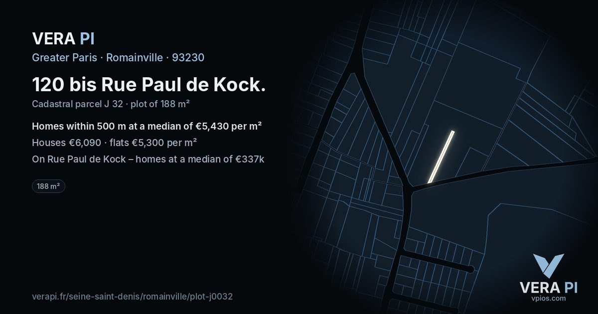 120 bis Rue Paul de Kock, Romainville at night – the plot lit, the parcels around coloured by the prices near them