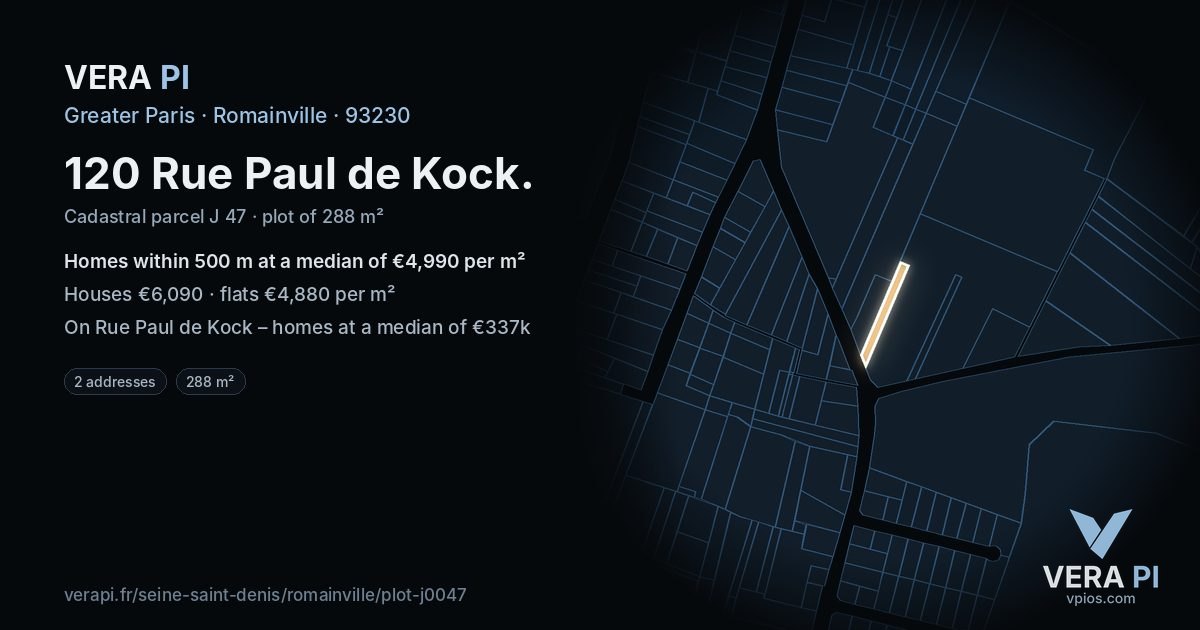 120 Rue Paul de Kock, Romainville at night – the plot lit, the parcels around coloured by the prices near them