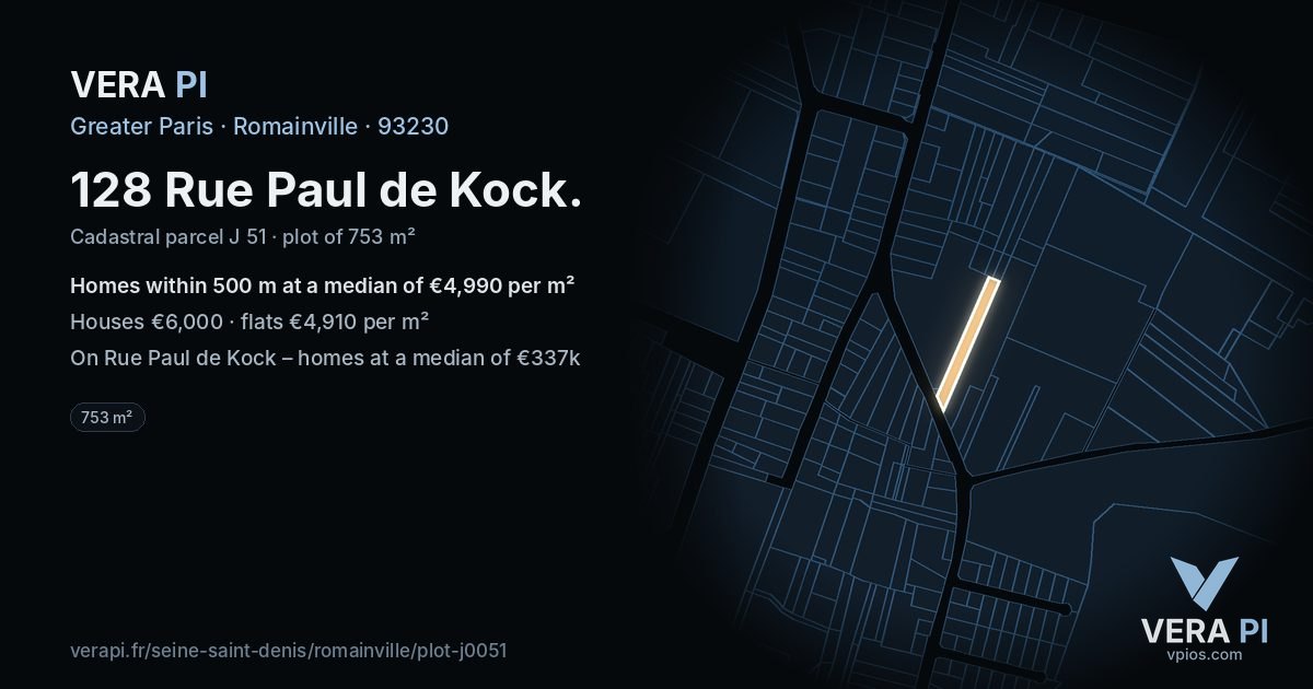 128 Rue Paul de Kock, Romainville at night – the plot lit, the parcels around coloured by the prices near them
