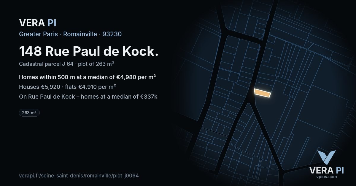 148 Rue Paul de Kock, Romainville at night – the plot lit, the parcels around coloured by the prices near them