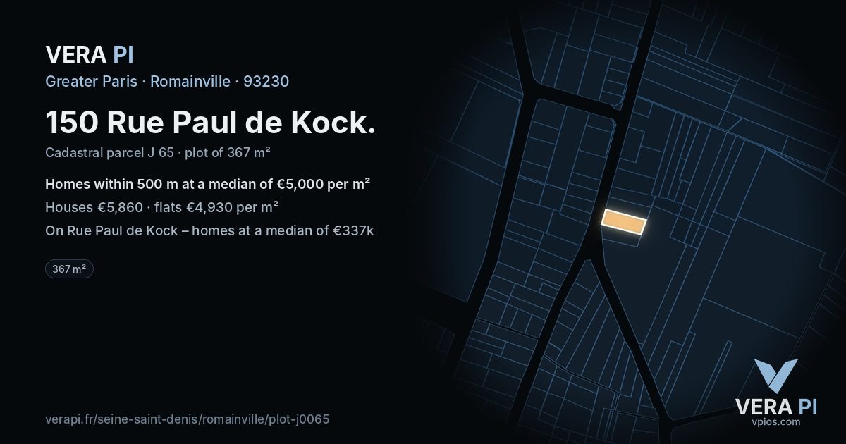 150 Rue Paul de Kock, Romainville at night – the plot lit, the parcels around coloured by the prices near them