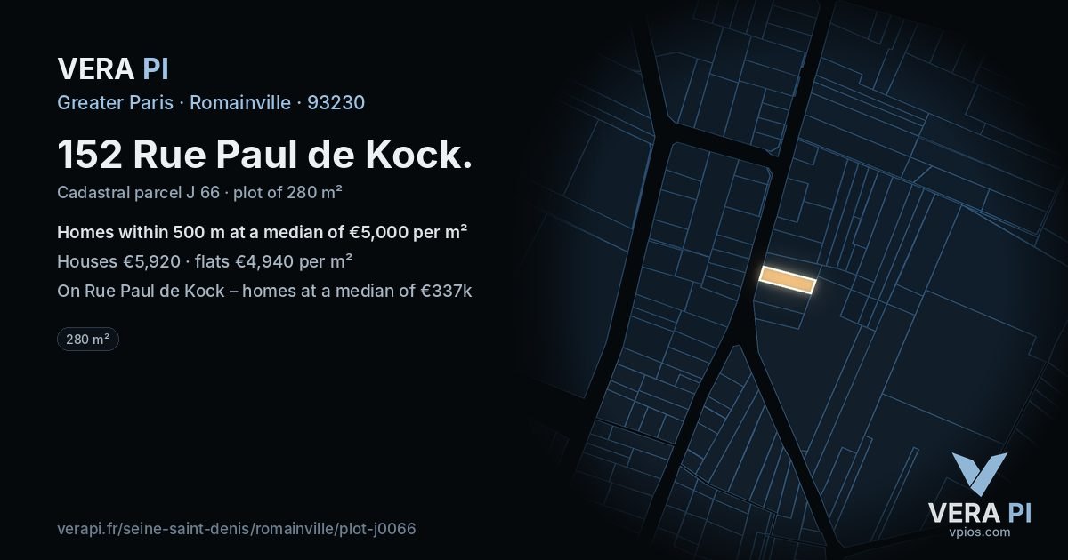 152 Rue Paul de Kock, Romainville at night – the plot lit, the parcels around coloured by the prices near them