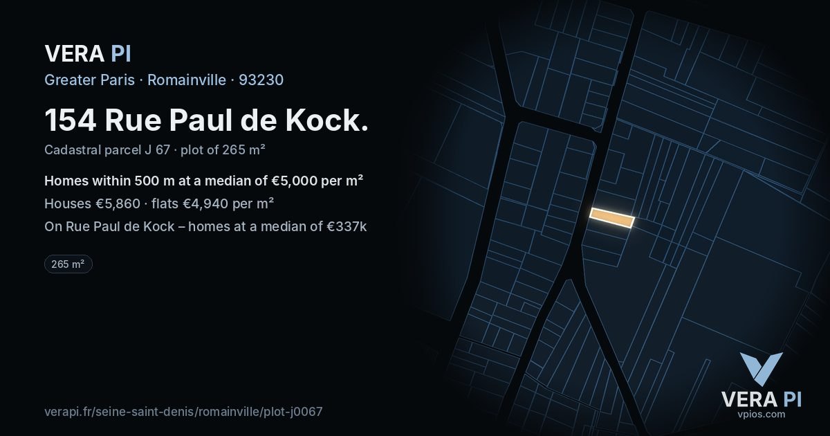 154 Rue Paul de Kock, Romainville at night – the plot lit, the parcels around coloured by the prices near them