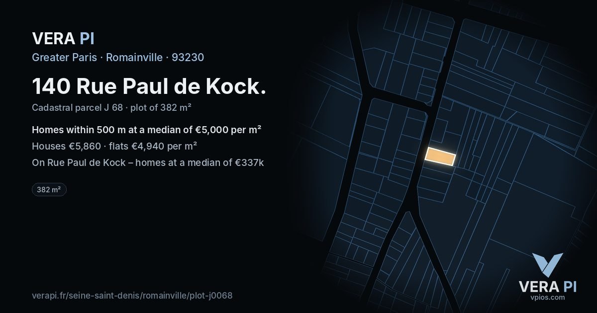 140 Rue Paul de Kock, Romainville at night – the plot lit, the parcels around coloured by the prices near them