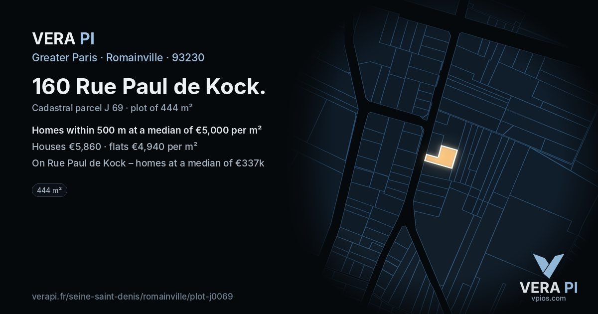 160 Rue Paul de Kock, Romainville at night – the plot lit, the parcels around coloured by the prices near them