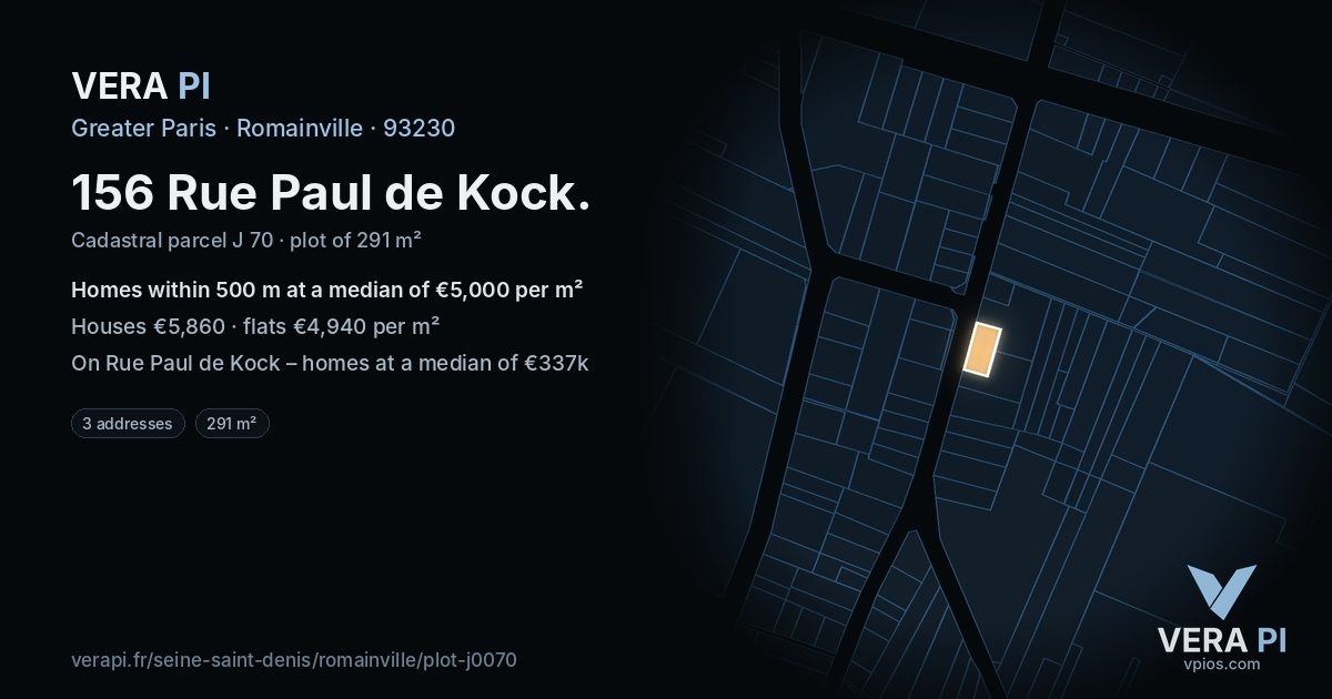 156 Rue Paul de Kock, Romainville at night – the plot lit, the parcels around coloured by the prices near them