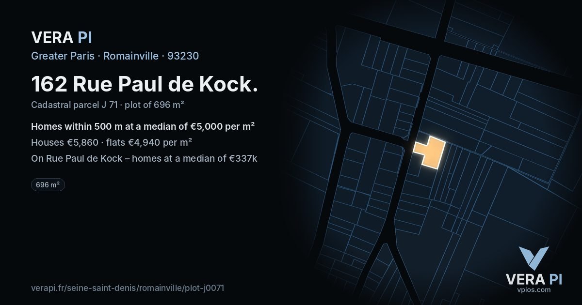 162 Rue Paul de Kock, Romainville at night – the plot lit, the parcels around coloured by the prices near them