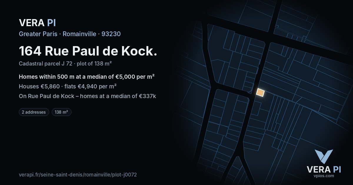 164 Rue Paul de Kock, Romainville at night – the plot lit, the parcels around coloured by the prices near them