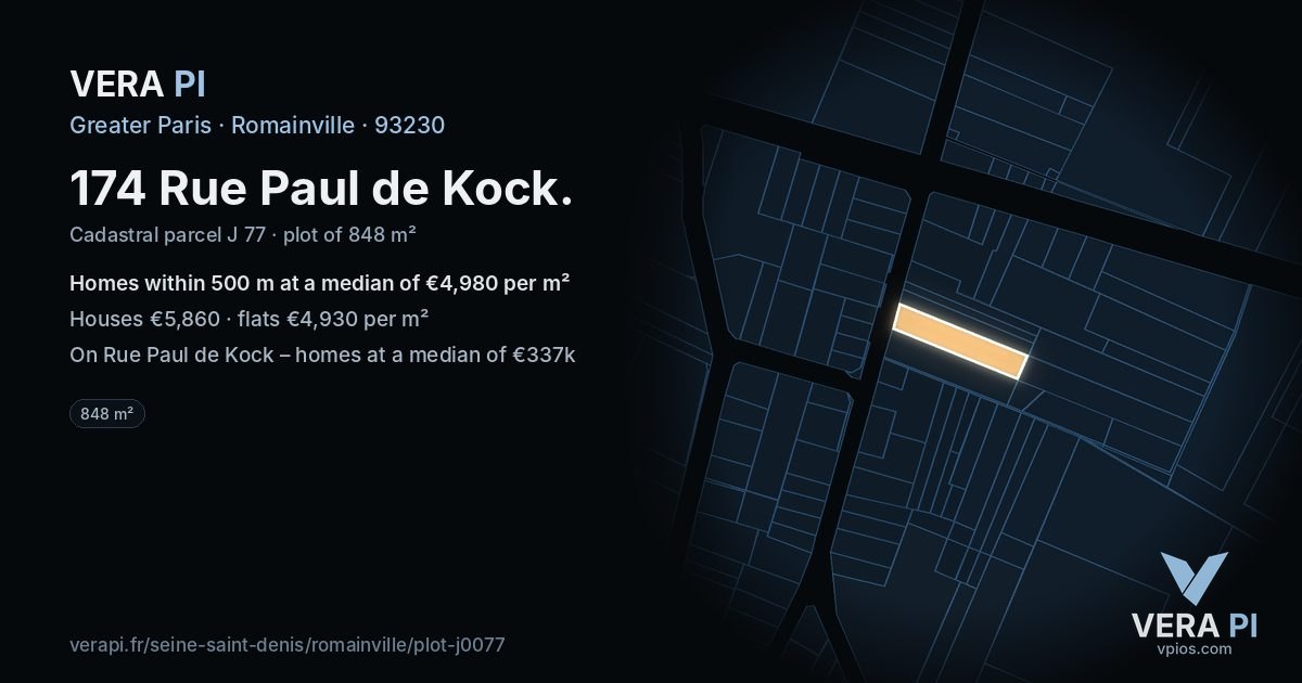 174 Rue Paul de Kock, Romainville at night – the plot lit, the parcels around coloured by the prices near them