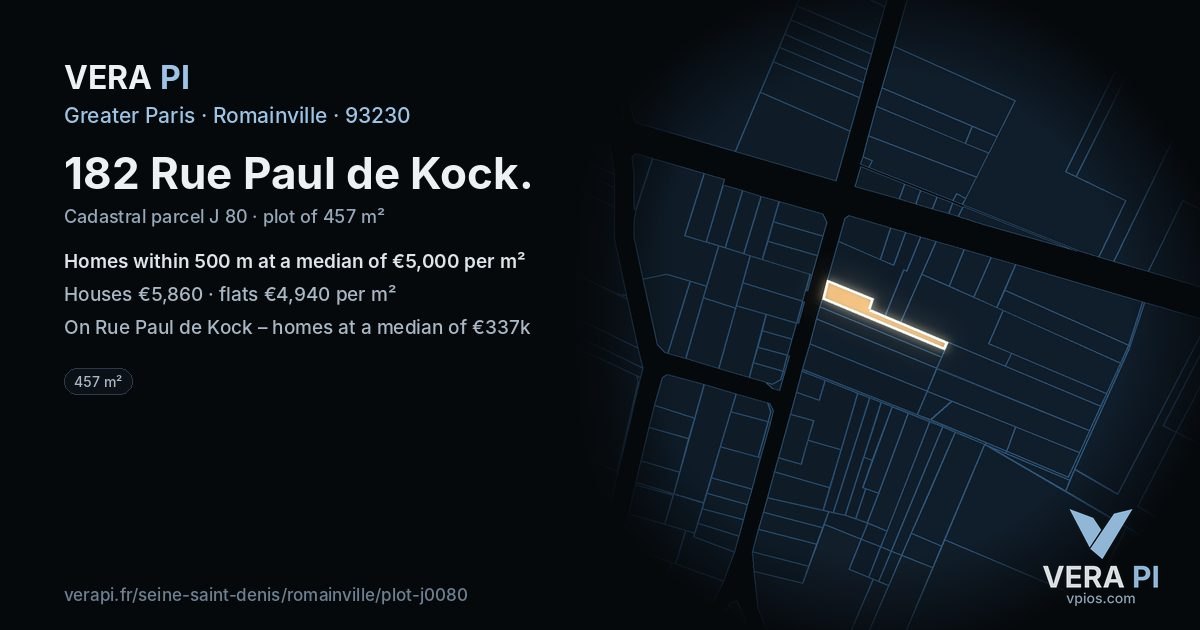182 Rue Paul de Kock, Romainville at night – the plot lit, the parcels around coloured by the prices near them