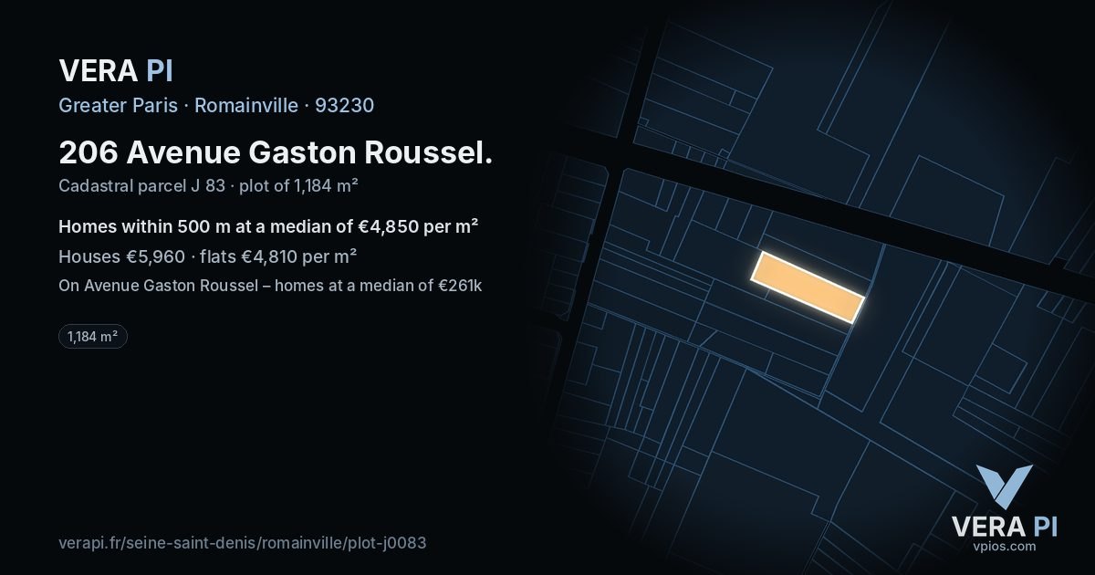 206 Avenue Gaston Roussel, Romainville at night – the plot lit, the parcels around coloured by the prices near them