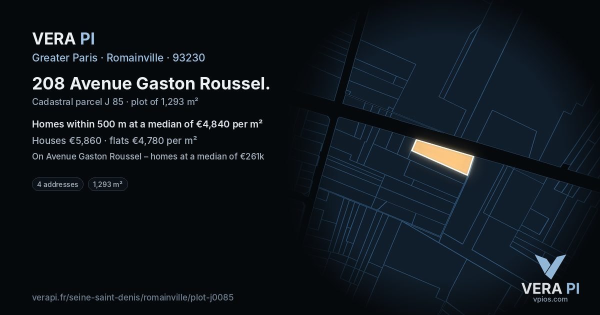 208 Avenue Gaston Roussel, Romainville at night – the plot lit, the parcels around coloured by the prices near them