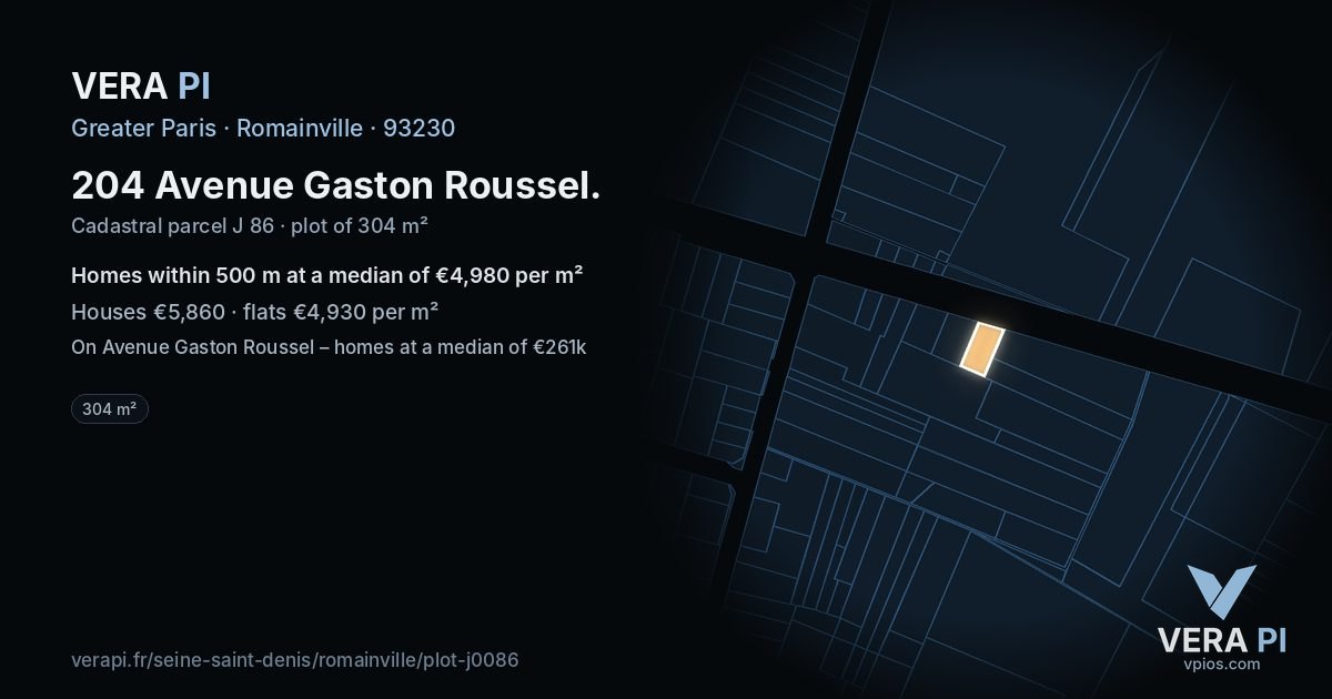 204 Avenue Gaston Roussel, Romainville at night – the plot lit, the parcels around coloured by the prices near them