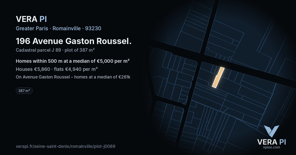 196 Avenue Gaston Roussel, Romainville at night – the plot lit, the parcels around coloured by the prices near them