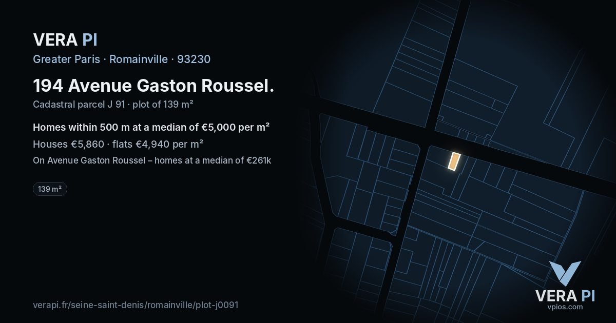 194 Avenue Gaston Roussel, Romainville at night – the plot lit, the parcels around coloured by the prices near them