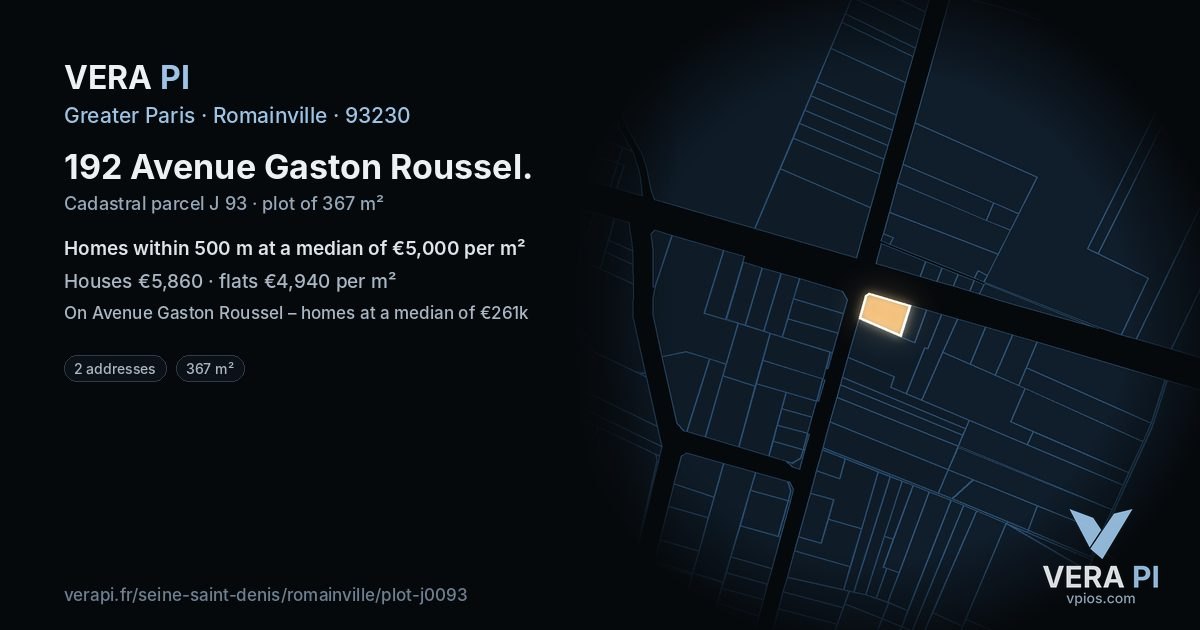 192 Avenue Gaston Roussel, Romainville at night – the plot lit, the parcels around coloured by the prices near them