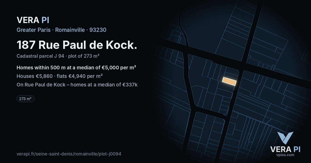 187 Rue Paul de Kock, Romainville at night – the plot lit, the parcels around coloured by the prices near them